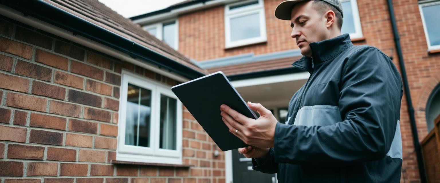 A professional inspecting the brickwork of a residential property